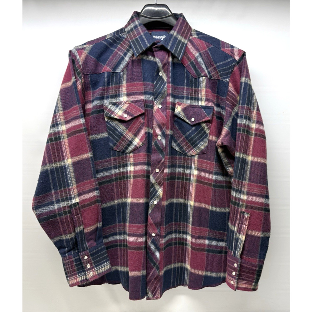 WRANGLER Mens XL Navy Burgandy Plaid Pearl Snap Heavy Flannel Shirt Jacket